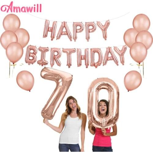 Amawill Rose Gold Happy 70th Birthday Decorations Set Foil Globos Banner 12inch Latex Balloons for 70 Years Party Supplies 75D