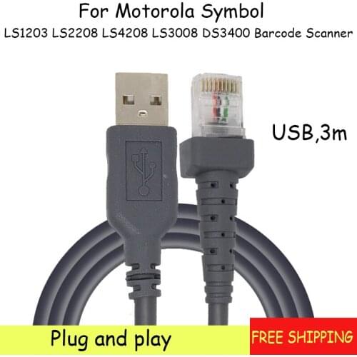 Free Shipping New 3PCS USB 3 Meter Barcode Scanner Cable For LS1203 LS2208 LS4208 LS3008 DS3400 Bar Code Scanner High Quality