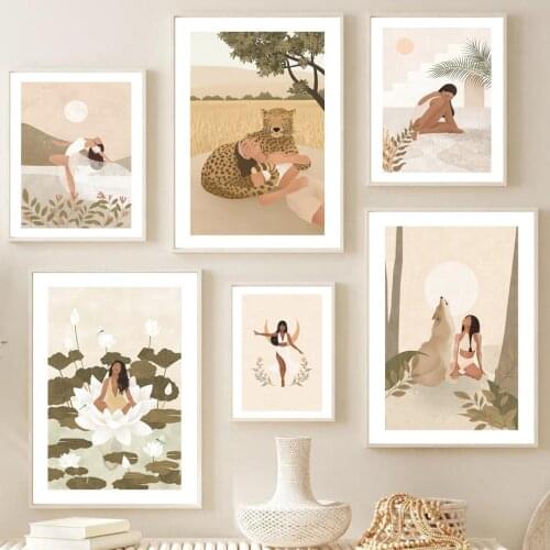 Vintage Jungle Girl Elephant Leopard Wolf Modern Nordic Poster Wall Art Prints Canvas Painting Decor Pictures For Living Room