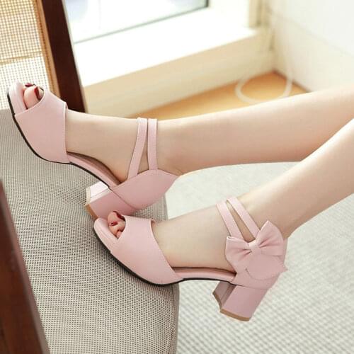 Women High Heel Sandals Sweet Bow Thick Heel Shoes Female Student High Heel Sandals Girl Sandals Womens Shoes 32-43
