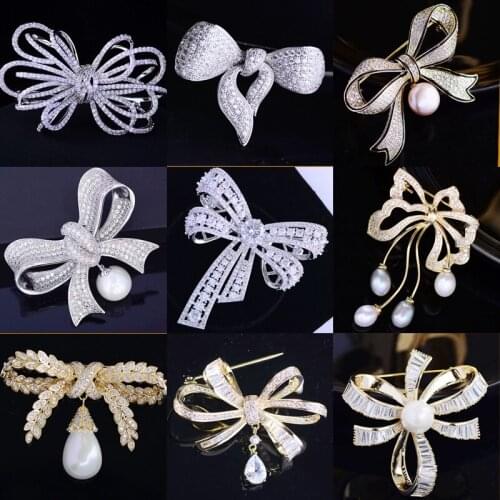 2021 Womens Brooches Jewelry Accessories Elegant Pearl Zircon Tassel Bow-knot Brooch Pin Cute Bow Pins broches para ropa mujer