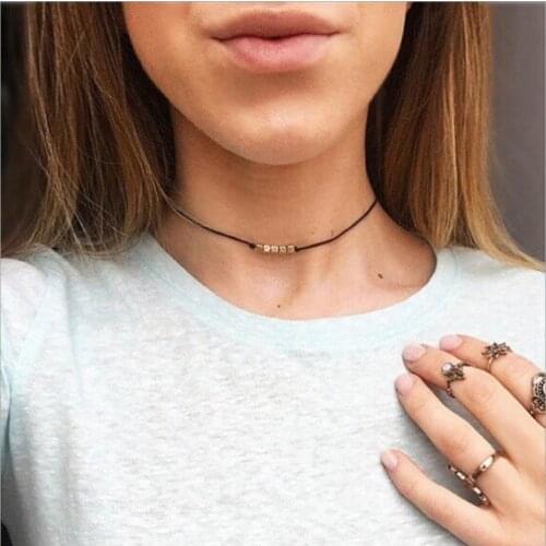 Simple style choker black color string rope though five plastic square cube gold silver plated woman gift