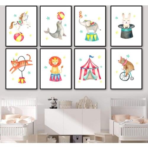Unicorn Elephant Rabbit Bear Lion Tiger Circus Wall Art Canvas Painting Nordic Posters And Prints Wall Pictures Kids Room Decor