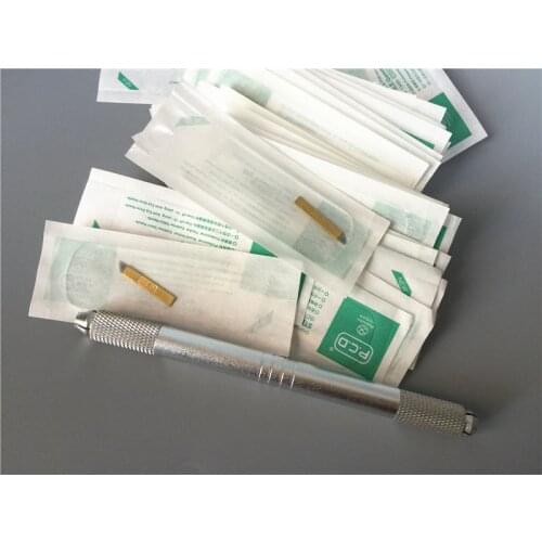 50Pcs PCD 12Pin Needles Permanent Makeup Eyebrow Microblading with 1Pcs 2 Head Tattoo Manual Blade Pen Machine