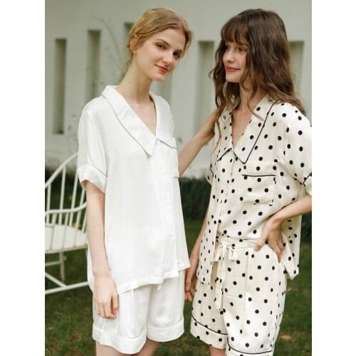 Hanxiuju Summer Fashion Pajama Sets For Women Soft Viscose Casual Shorts Sleepwear White And Beige Dot Loose Nightwear