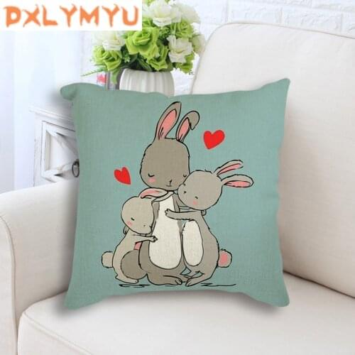 Linen Sofa Cushion Cover Rabbit Family Animal Print Throw Pillow Case Decorative Pillow Cover Xmas Decoration Pillowcase 45x45cm