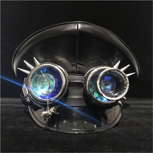 Fashion Leather Black Germany Officer Visor Cap Army Hat Glasses Cortical Military Hat Police Cap Cosplay Hat Size M L XXL