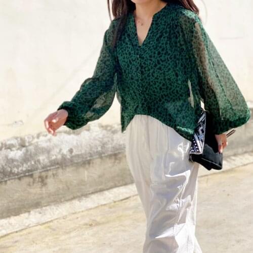 2020 autumn new lazy snow spinning bubble sleeve printed shirt slim fit printed shirt