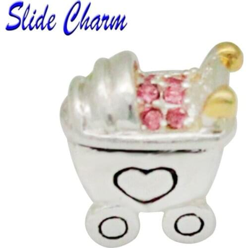 New silver plated pink crystal stroller charm beads European beads suitable for Pandora female bracelet and bracelet jewelry DIY