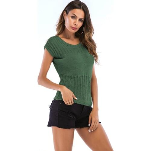 OUMOWEI womens T-shirts new fashion short sleeve thin solid color top Hollow knitted sweater about 2020
