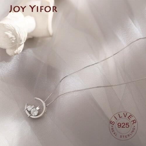 925 sterling Silver Inlaid Zircon Moon Cat Necklace Simple Temperament Cute Pendant Womens Clavicle Chain Fashion Jewelry