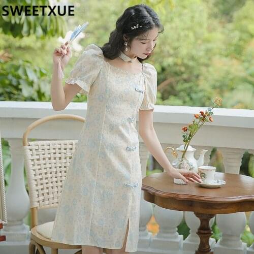 SWEETXUE Sweet Lovely Puff Sleeve Beaded Printed Cheongsam Dress Women Female 2021 Elegant Chic Casual Vestidos Robe Mujer