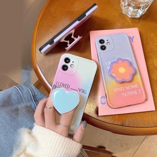 Rainbow gradient colour phone case for iphone 7 8 plus x XR xs max 11 12 pro max 12mini cases Flowers Love heart Folding bracket