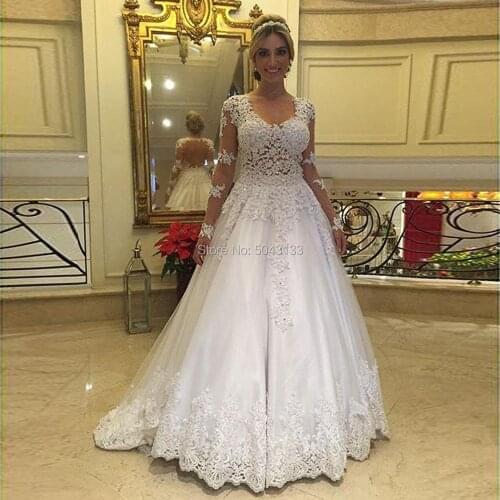 Sexy V Neck Lace Appliques A Line Wedding Dresses Illusion Backless Long Sleeve Sweep Train Bridal Gowns 2021 Luxury Bride Dress