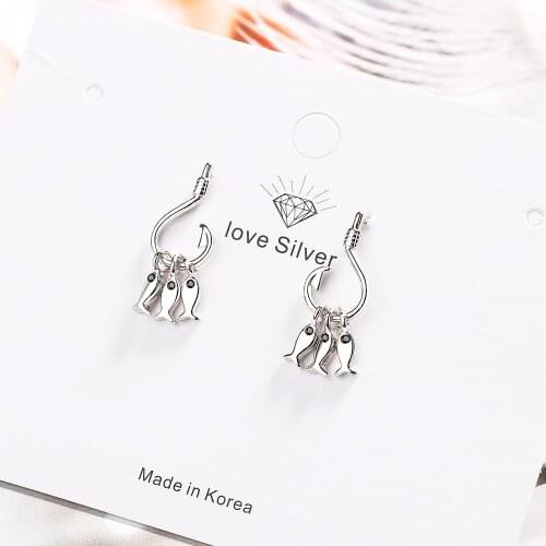 925 Sterling Silver Pretty Attractive Fish And Fish Drop Earrings Silver Color Animal Earring For Women Gift Dropshipping S-E898