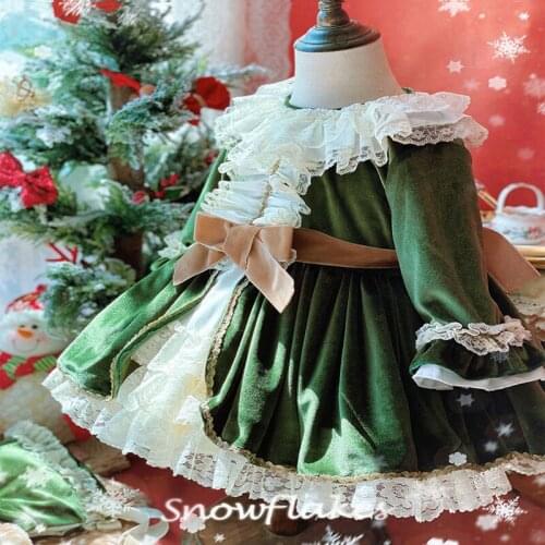 Vintage Spanish Turkey Velvet Princess Lolita Dress Baby Girl Winter Green Christmas Birthday party stitching ball gown dress