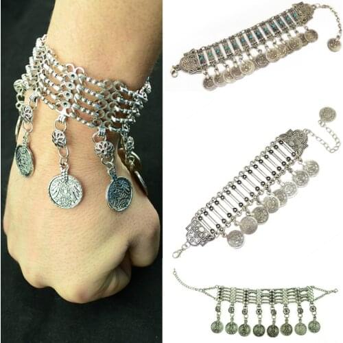 Bohemian Gold color Metal Carving Flower Coin Bracelet Gypsy Beach Ethnic Tribal Festival Jewelry Turkish Indian Dance Bangle