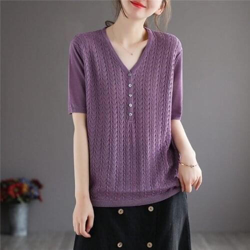 Twisted Thin Knitted V-neck Short-sleeve T-shirt Women Ssummer New Loose All-match 9Colors Simple Pullover Knit Top Female aq910