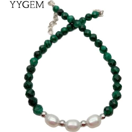 YYGEM 8''Natural Cultured White freshwater Pearl Round Faceted Malachite strand Bracelet handmade for women