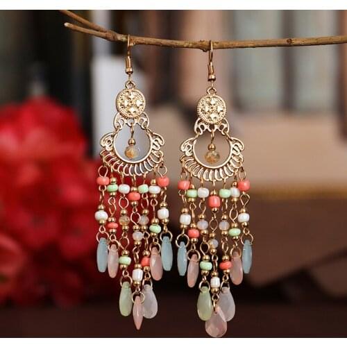 2021 New Bohemian Rice Beads Tassel Earrings For Women Handmade Ear Vintage Jewelry Long Acrylic Water Drop Statement Earrings