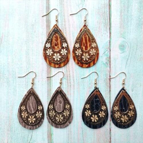 Genuine Cowhide Leather Earrings for Women Alloy Hollow Flower Pendant Water Drop Earring Vintage Jewelry Party Accessories Gift