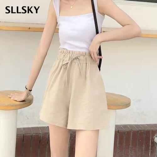 Sllsky Casual Elastic Waist Drawstring Solid High Waist Pockets Loose 2021 Summer New Cotton Linen Comfortable Women Shorts