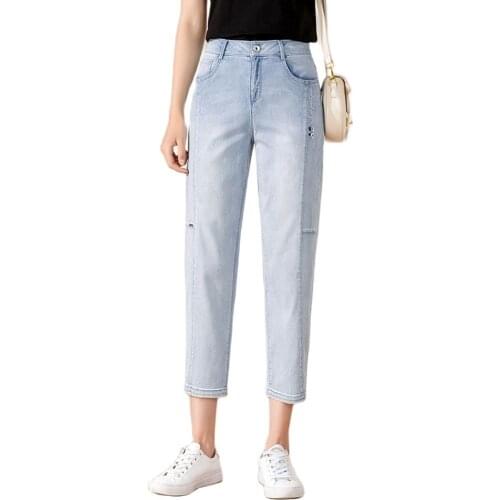 Lady Cropped Denim Jeans Embroidered Casual Large Size Loose Soft Capri Jeans Light Blue Thin Summer Harem Pants S To 5XL YUYE