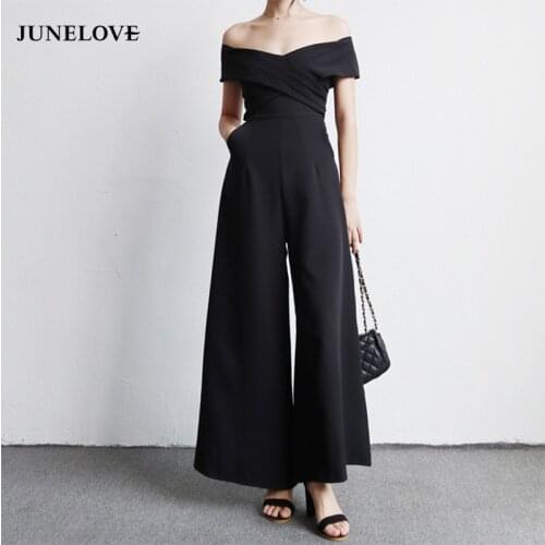 JuneLove 2020 autumn women casual full length solid chiffon jumpsuits off shoulder elegant loose playsuits wide leg romper