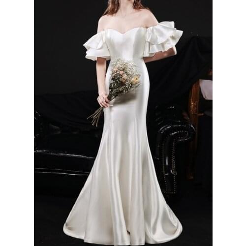 Elegant Simple Mermaid Sweetheart Satin Vintage Short Sleeve Sweep Train Wedding Gown Wedding Dress Bride robe de mariée