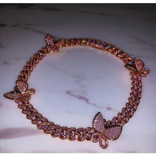 12mm pink cz cuban link butterfly choker necklace for women hip hop bling pink fashion jewelry