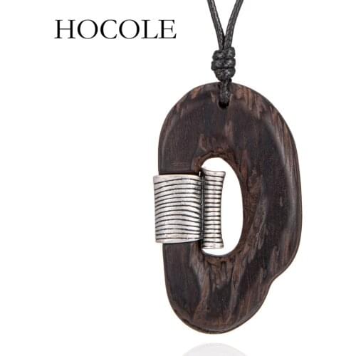 HOCOLE Unique Vintage Alloy Wood Geometric Irregular Pendant&Necklace Long Black Leather Necklace for Women Collares Mujer Kolye