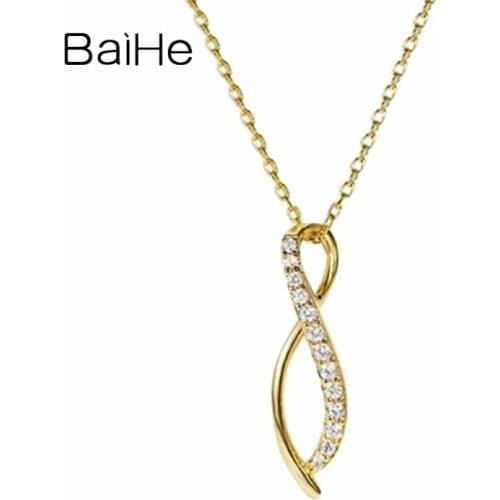 BAIHE Solid 18K Yellow Gold 0.12ct H/SI Round Natural Diamond Women Engagement Fine Jewelry Beautiful diamond pendant Necklaces