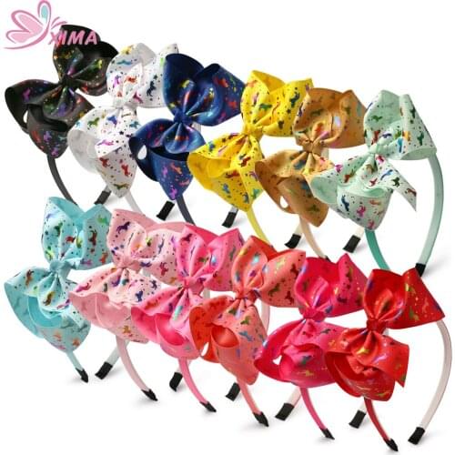 XIMA 1PC 5''Metallic Printed Ribbon Hair Bows Unicorn Hair Hoops for Girls Princess Party Headband Birthday Gift