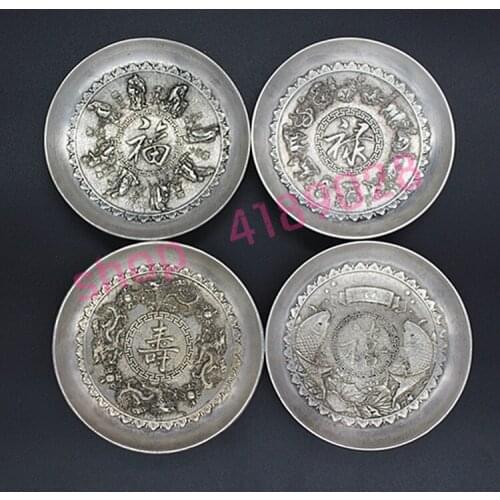 Pure white copper, relief sculpture Fu, Lu, Shou, Xi dishes, ornaments, antiques, collectibles