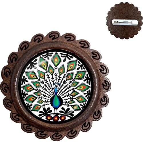 Ethnic Polish Folk Art Pattern 20mm Glass Cabochon Wood Brooches Bohemia Flower Print Collar Pins Jewelry For Women Men Gift