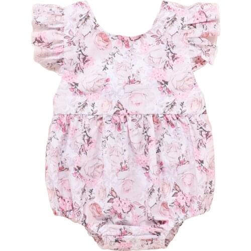 Newborn Baby Girls Floral Print Sweet Bodysuits O Neck Flying Sleeve Infant Toddler Jumpsuits Baby Summer Clothing 2021 0-18M