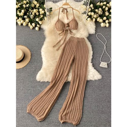SINGREINY Women Summer Design Knitted Set Sexy Backless Halter Short Tops+Chic Hollow Knitted Wide Leg Long Pants Two Piece Suit