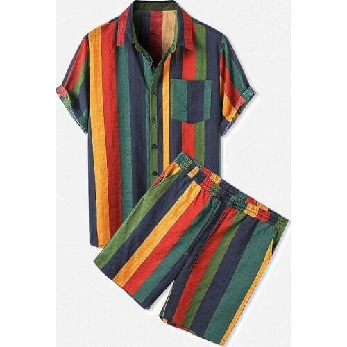 New Mens Beach Summer Color Striped Suit Casual Loose Short-sleeved Shirt Shorts Two-piece Ropa Para Hombre Mens Joggers Sets