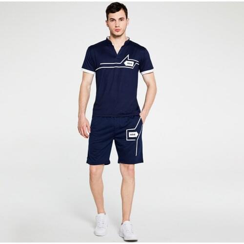 Summer Mens Sports Suit 2 Piece Short Sleeve V-Neck Printed T-Shirt + Outdoor Jogging Fitness Knee-Length Shorts European Size