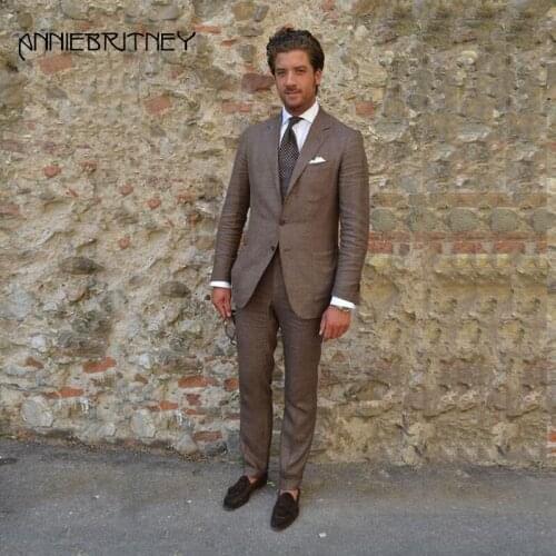 Summer Beach Brown Linen Men Suits for Wedding 2018 2 Pieces Slim Fit Groom Tuxedos Handsome Best Men Blazer Casual Jacket+Pants