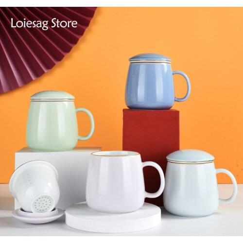 Loiesag 350ml Three-piece Water Cup Couple Mug Ceramic Cup Tracing Gold Office Cup Creative Personality Trend Travel Tea Cup