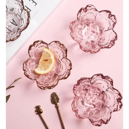 Small Glass Dish Nordic Style Gold Inlay Glass Sauce Bowl Mini Japanese Cherry Blossoms Seasoning Plate For Ice Cream Fruit Sala