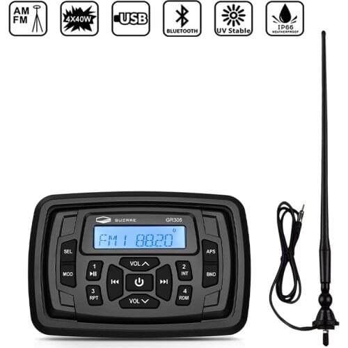 Marine Stereo Bluetooth Waterproof Boat Audio FM AM Car MP3 Player+Boat Radio Antenna For RV UTV Golf Cart Tractor Motorcycle