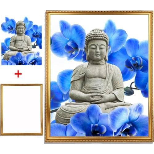 Framed Blue flower buddha icon 5D diy diamond painting Full Round Drill mosaic embroidery sale needlework home decoration