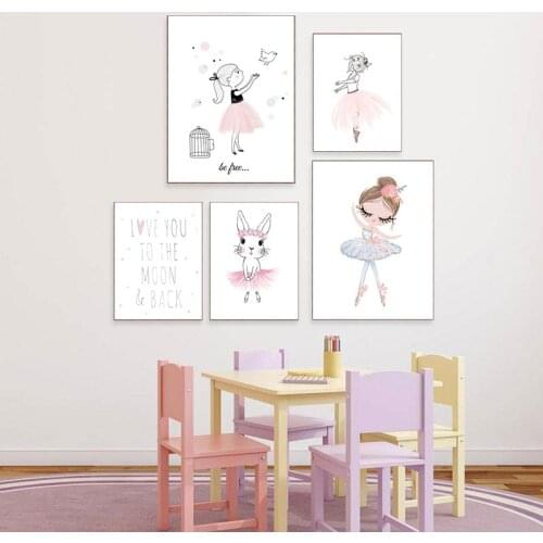Kids Room Poster Pink Rabbit Children Poster Baby Room Decor Nursery Wall Art Canvas Painting Prints Ballet Girl Bedroom Picture