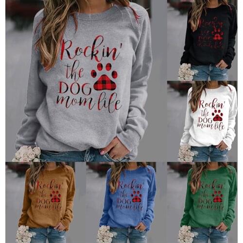 Casual Loose Long Sleeve Womens Sportswear Tops Letter Dog Paw Printed Sweatshirt Blouse O-Neck Pullover Shirt Sweater Tee