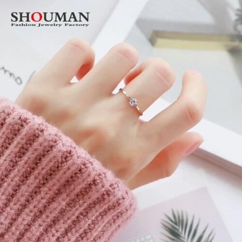 SHOUMAN 1mm High Polished Top Quality Rose Gold CZ Engagement Crystal Ring for Women Wedding Jewelry Gift