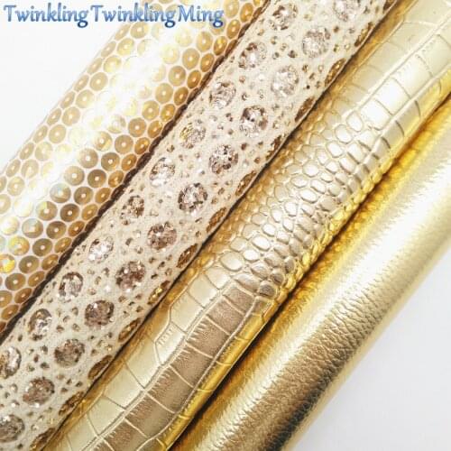 GOLD Glitter Fabirc, Litchi Faux Leather Fabric, Iridescent Synthetic Leather Sheets For Bow A4 8"x11"Twinkling Ming XM412