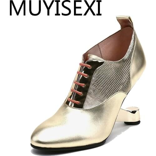 Gold Pumps Genuine Leather Women 8cm High Heels Metal Strange Lace Up Autumn Shoes Women Unique White Black HL184 MUYISEXI