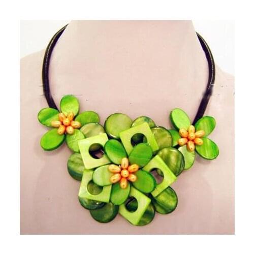 Unique Pearls jewellery Store Mixes Green Shell Real Freshwater Pearl Flower Black Rope Leather Nekclace Fine Jewelry Women Gift